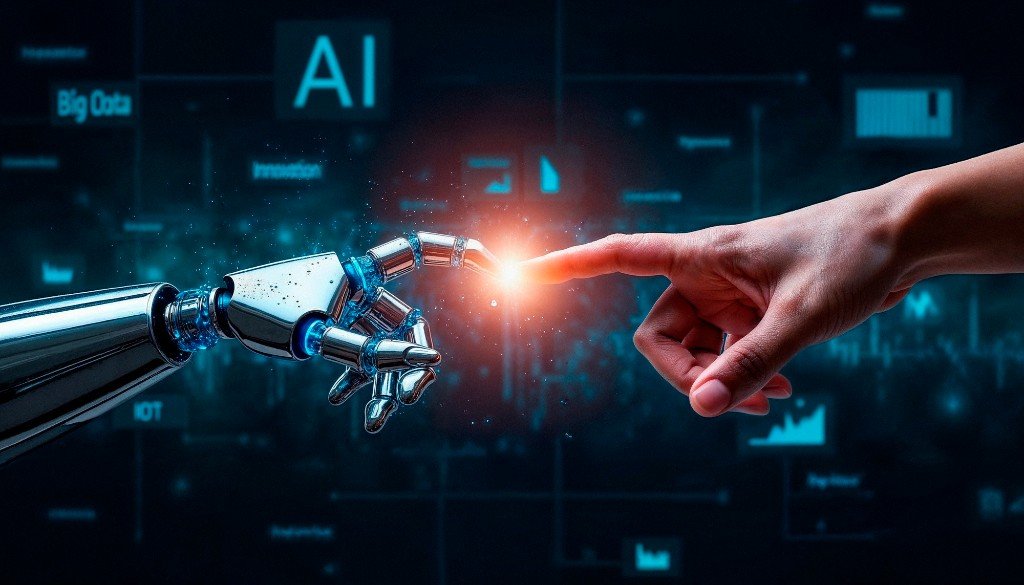 Human and robotic hands connecting at a spark of light — AI, big data, and innovation