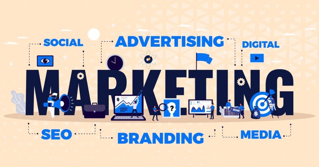 Illustration of digital marketing — SEO, social media, advertising, branding, and media