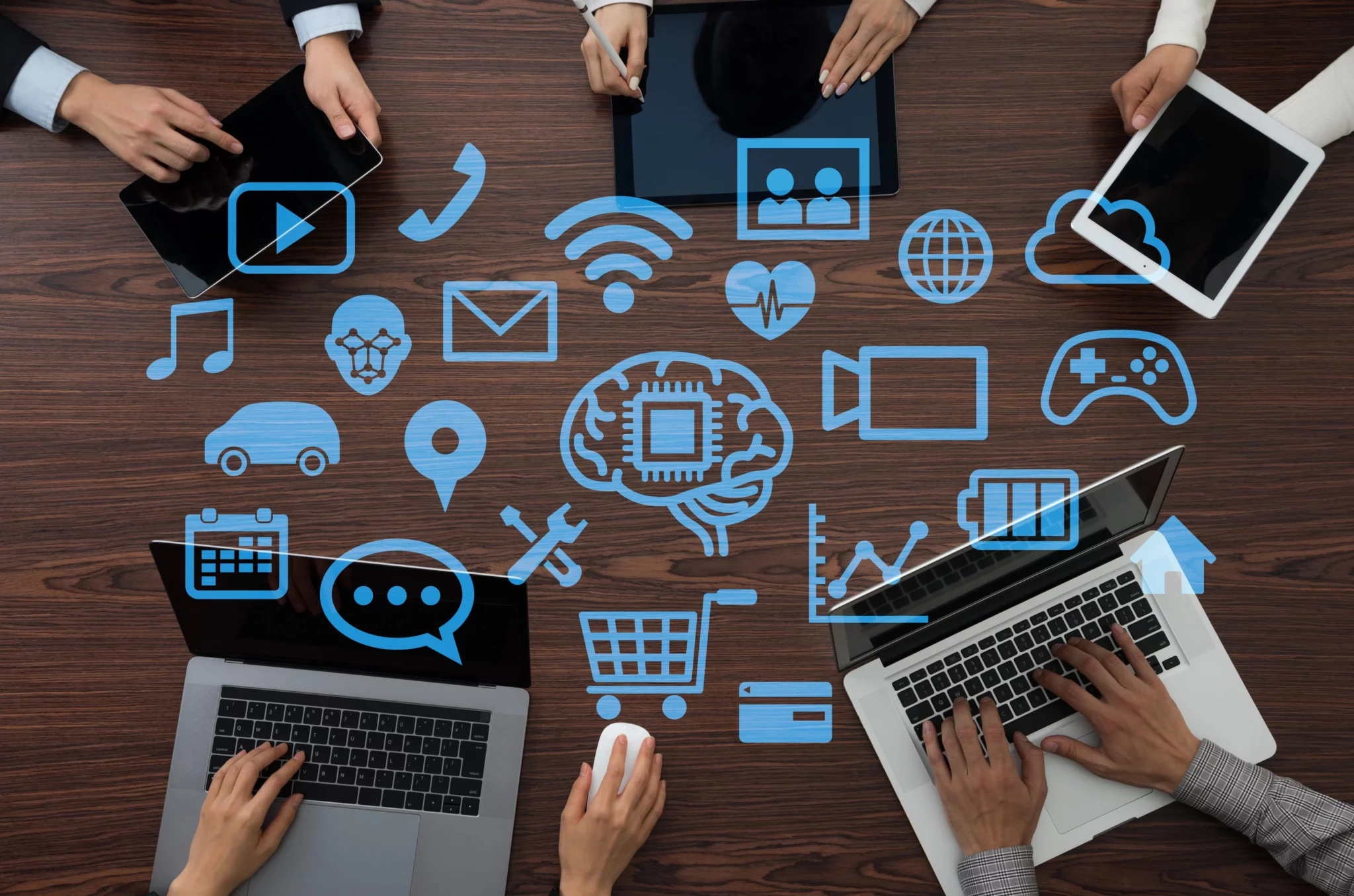 Illustration of digital marketing — SEO, social media, advertising, branding, and media